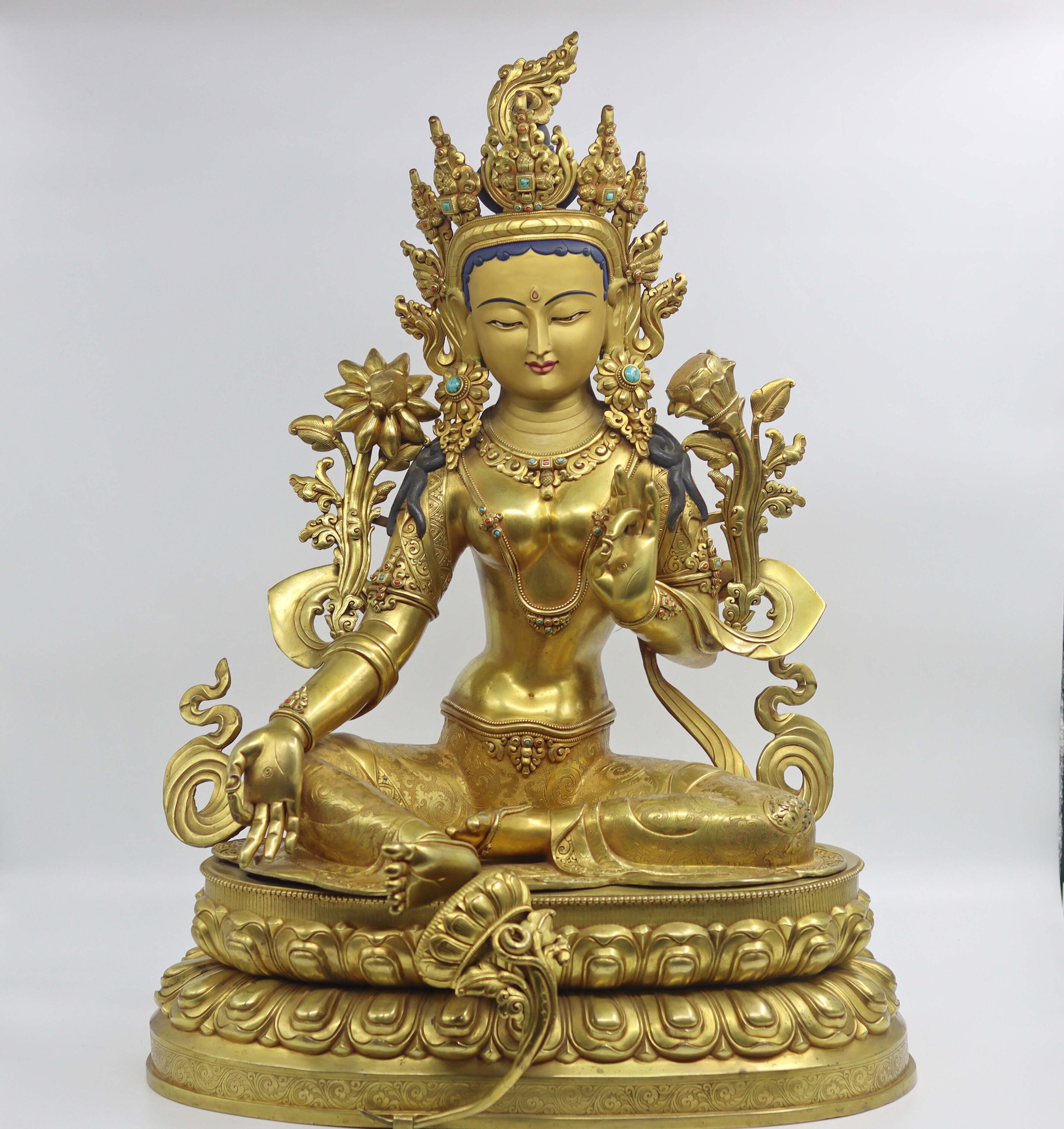 27 inches Green Tara Statue - 24k Gold Gilded - Hand-Carved Buddhist Statue -Masterpiece Tibetan Sculpture-Decor