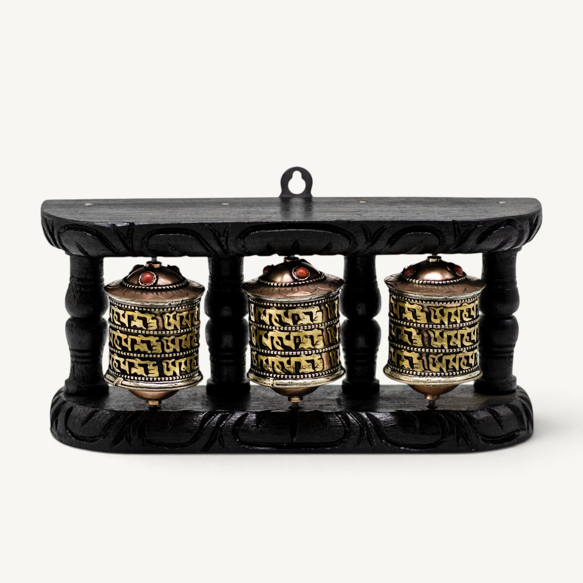 4.5-Inch Triple Tibetan Prayer Wheel | Handcrafted Wooden Frame with Spinning Metal Wheels | Sacred Buddhist Home Decor