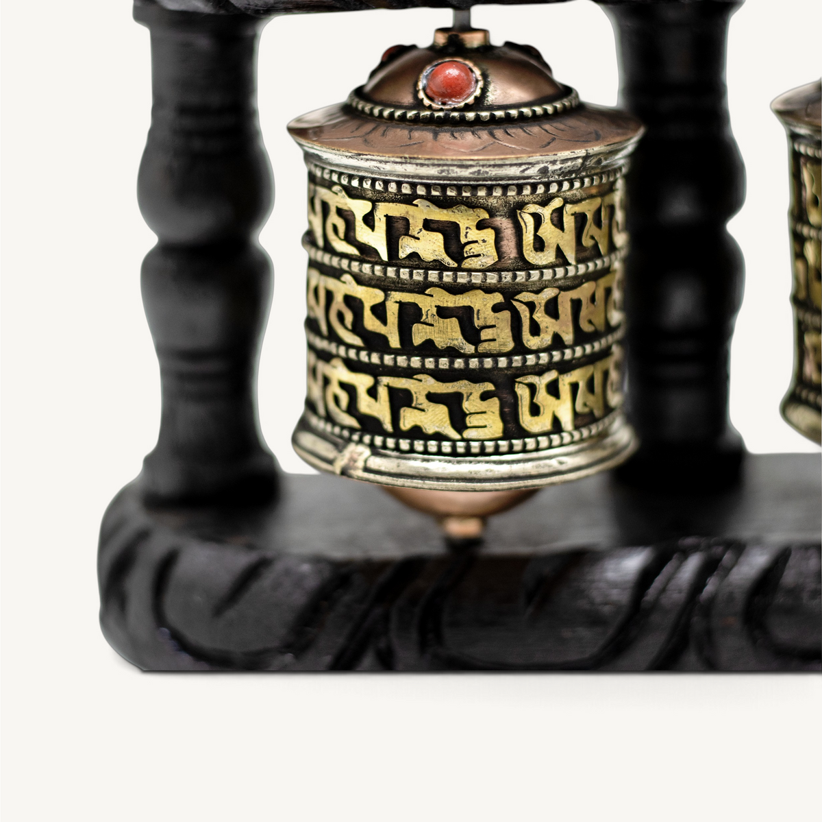 4.5-Inch Triple Tibetan Prayer Wheel | Handcrafted Wooden Frame with Spinning Metal Wheels | Sacred Buddhist Home Decor