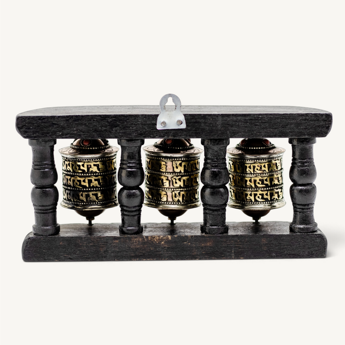 4.5-Inch Triple Tibetan Prayer Wheel | Handcrafted Wooden Frame with Spinning Metal Wheels | Sacred Buddhist Home Decor