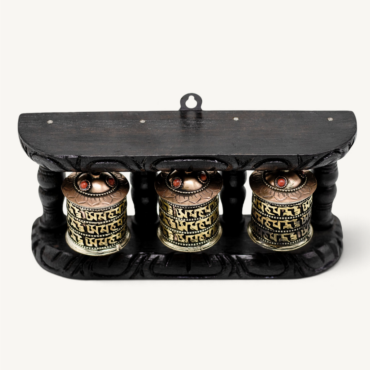 4.5-Inch Triple Tibetan Prayer Wheel | Handcrafted Wooden Frame with Spinning Metal Wheels | Sacred Buddhist Home Decor