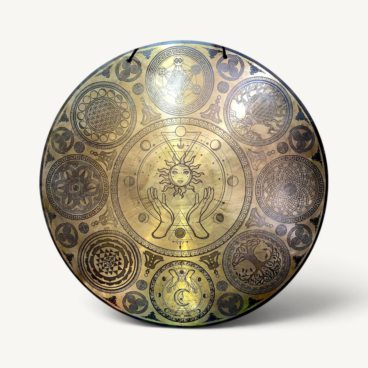 Sun Moon Face Solar Eclipse Wind Gong: Tibetan Sound Healing, Sacred Geometry carving