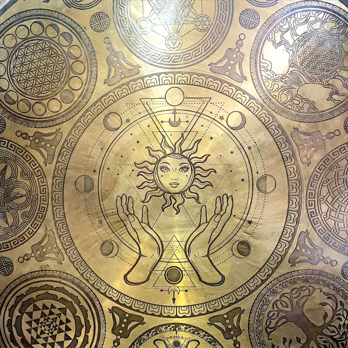Sun Moon Face Solar Eclipse Wind Gong: Tibetan Sound Healing, Sacred Geometry carving