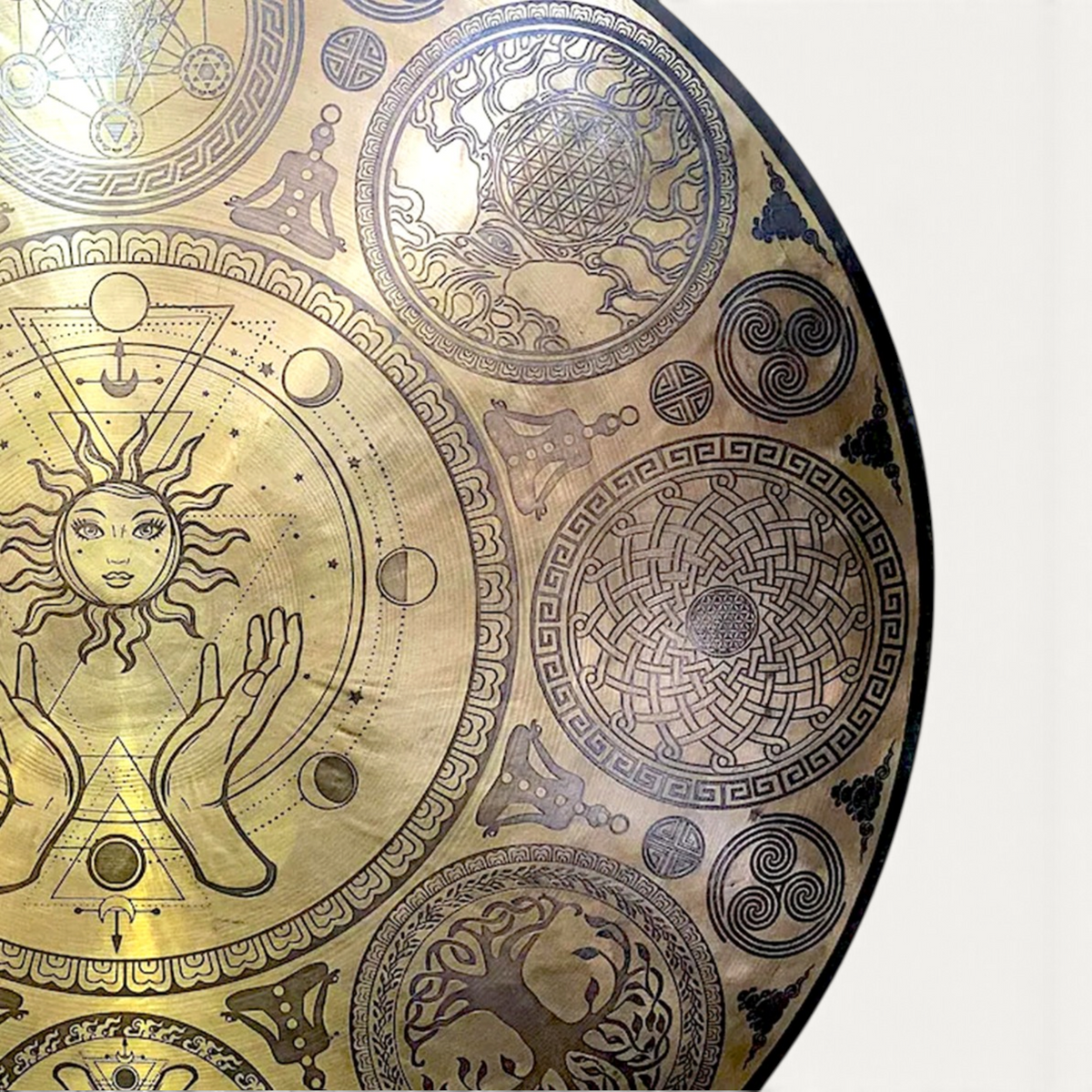 Sun Moon Face Solar Eclipse Wind Gong: Tibetan Sound Healing, Sacred Geometry carving