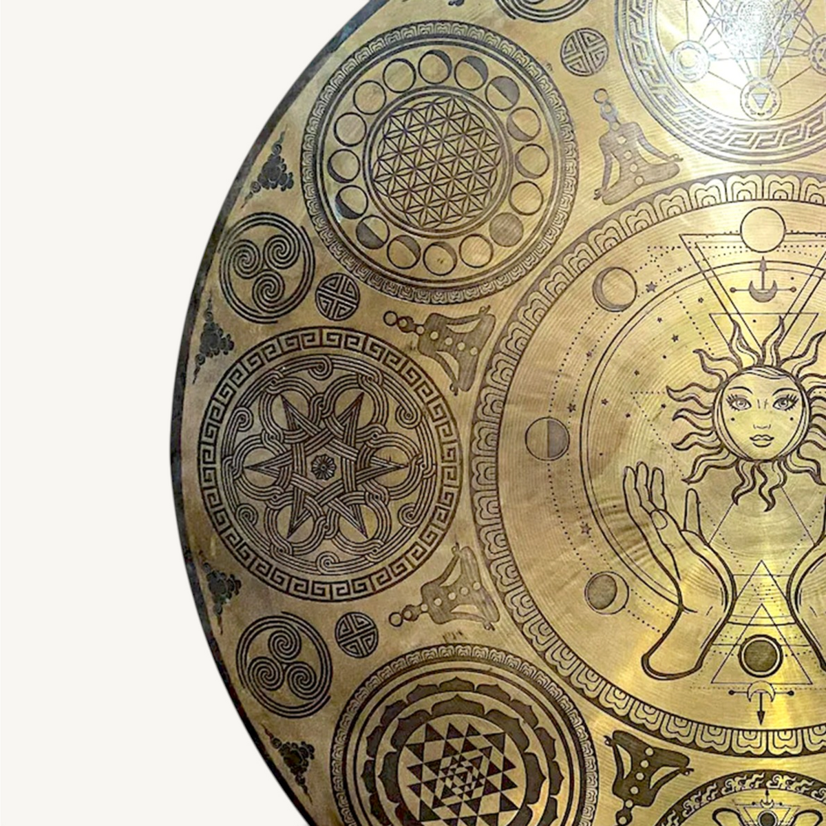 Sun Moon Face Solar Eclipse Wind Gong: Tibetan Sound Healing, Sacred Geometry carving
